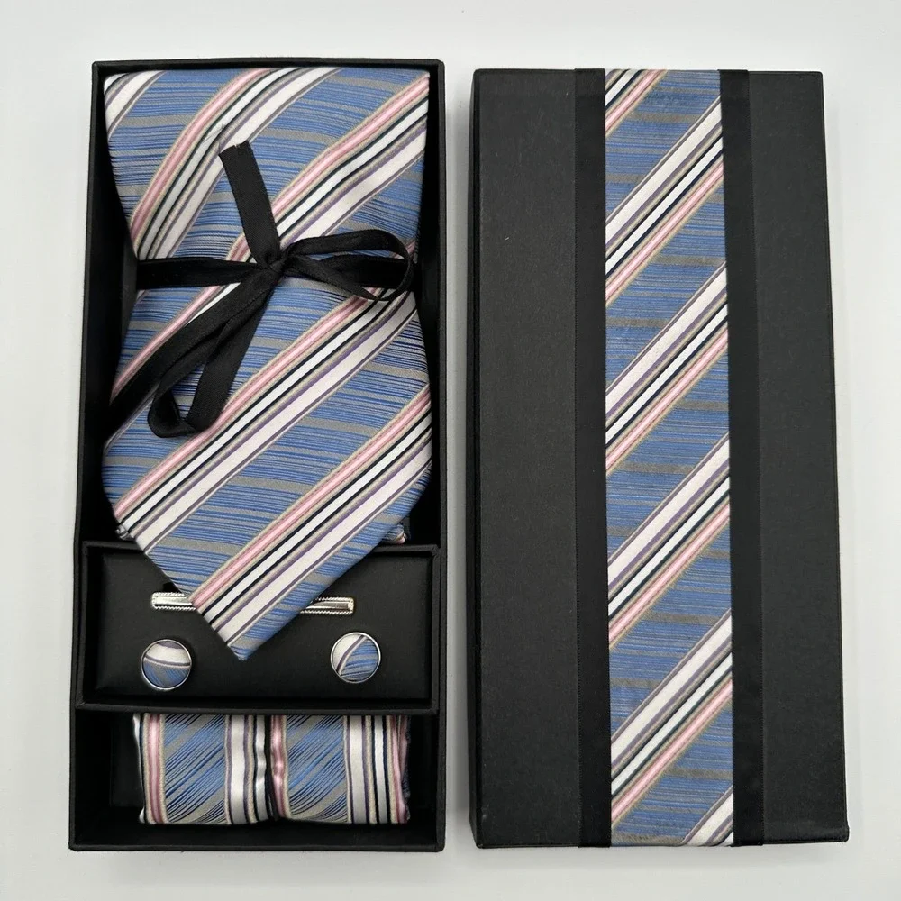 Handmade Italian 100% Silk Tie Set Blue Stripe Necktie Cufflinks Tie Clip Square